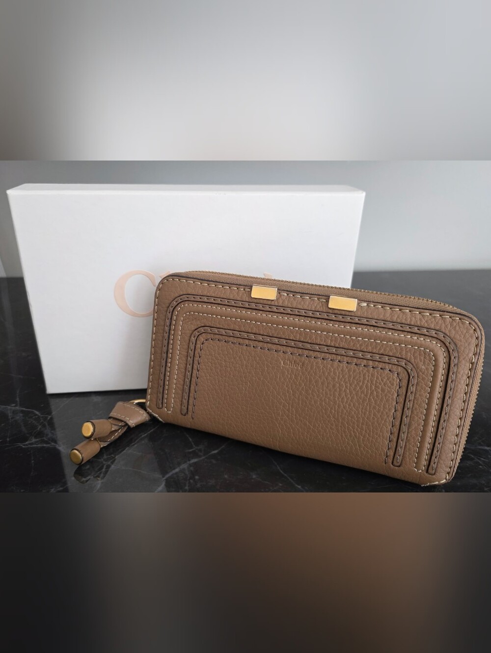 Authentic Chloe Marcie Leather Wallet Tan Gold Hardware